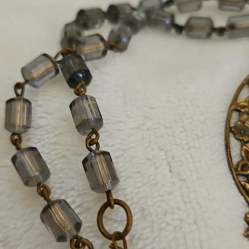 Antique Floral Repousse Czech Crystal Pendant Beaded Choker Necklace